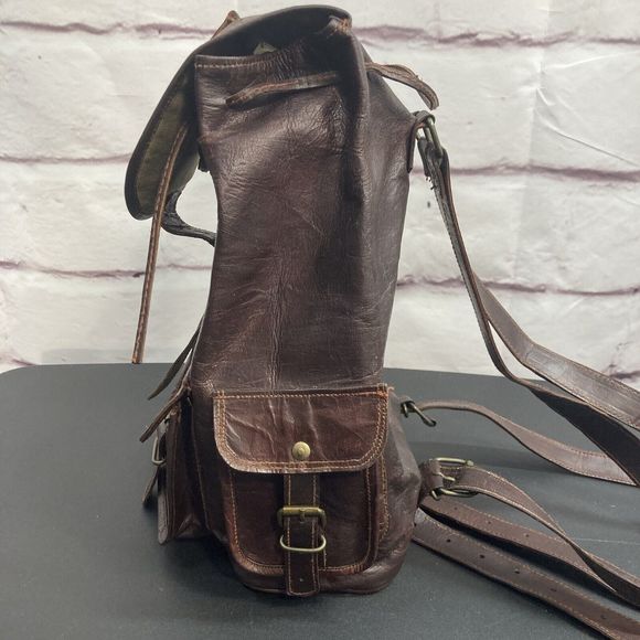 Genuine Leather Backpack Purse Pockets Adjustable Drawstring Buckle Brown Soft - Picture 7 of 14